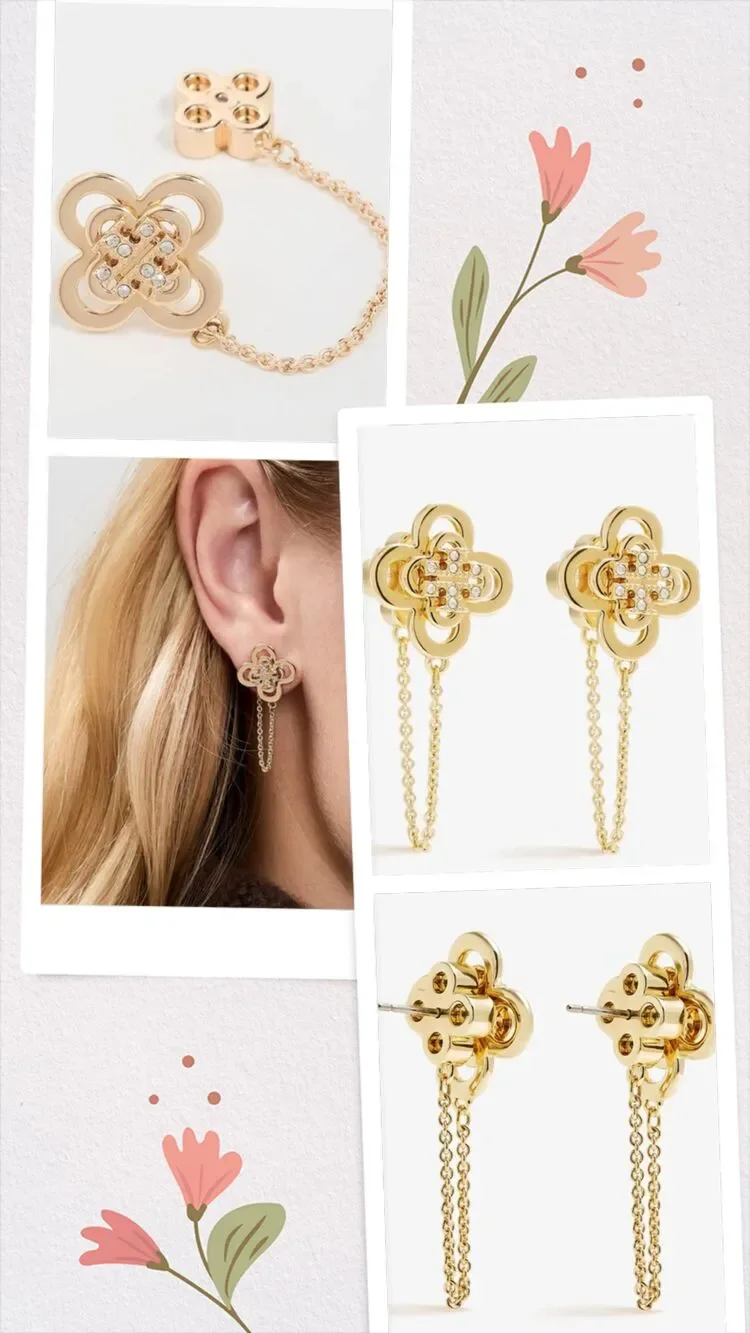 TORY BURCH Gold Clover Front Back Chain Linked Stud Earrings Pave Logo